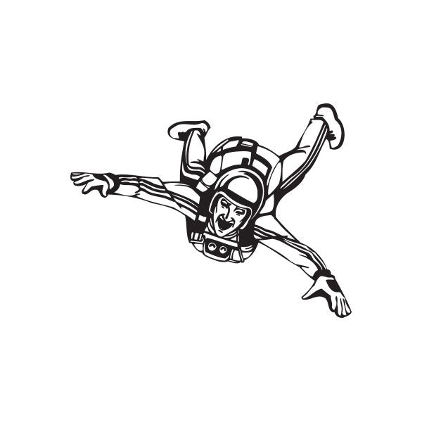 Skydiver decal of a free-falling figure with harness and helmet, black line art