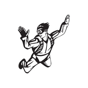 Skydiving decal of a black falling skydiver in jumpsuit with gloves and goggles