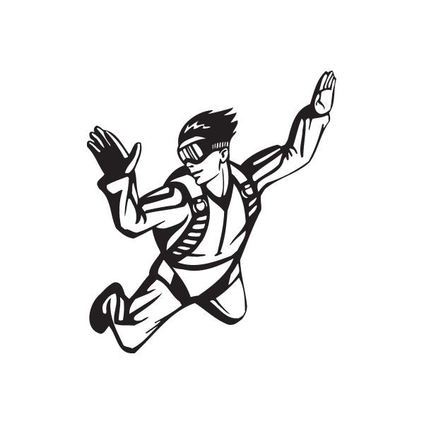 Skydiving decal of a black falling skydiver in jumpsuit with gloves and goggles