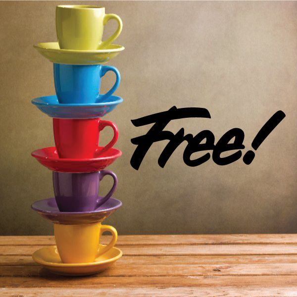 Black vinyl wall decal with cursive “Free!” text and exclamation