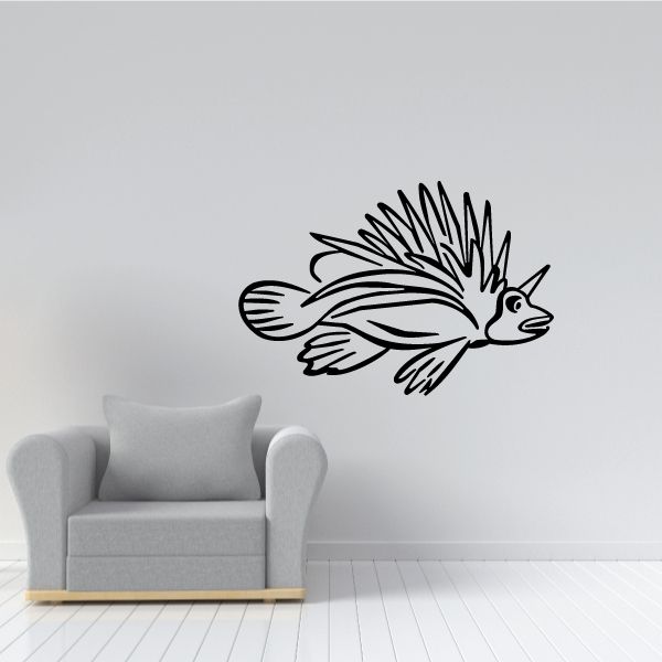 Spiky fish wall decal with smiling face, black line art, white accents.