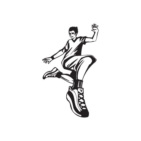 Parkour landing foot decal with black line-art runner and sneakers
