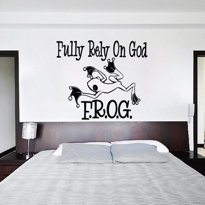 Wall decal: 'Fully Rely On God' with frog graphic and 'F.R.O.G.' text