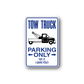 Tow truck parking only wall decal sticker, blue text with black tow truck icon