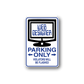 Blue and white die-cut parking only sign decal with arrows and warning text