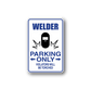 Welder Mom parking only vinyl wall decal sticker with blue border and bold text