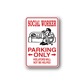 Red and white Social Worker Parking Only sticker with black figure and arrows