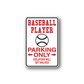 Baseball player parking only vinyl wall decal with red text, arrows, and baseball icons