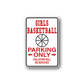 Basketball parking only wall decal, red and white text with hoop icon and arrows