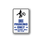 BMX parking only sign vinyl sticker with black BMX rider and blue text