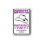 Cowgirl parking only wall decal sticker with hat graphic and purple text, white background