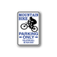 Mountain bike parking only vinyl decal with bike silhouette, blue text and arrows