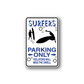 Vinyl sign decal with surfers parking only text and swimmer silhouette, blue and black