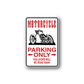 Die-cut parking sign decal with motorcycle and red PARKING ONLY warning text