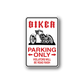 Vinyl parking sign decal with red motorcycle, PARKING ONLY and road rash warning text
