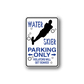 Water skier parking only wall decal sticker with blue text and black skier silhouette