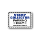 Vinyl sign wall decal: white parking only stamp collector sign with blue lettering