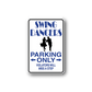 Vinyl sign decal with blue text 'Swing Dancers Parking Only' and dancing silhouettes