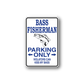 Bass fisherman parking only sign vinyl decal with arrow and fish, blue and white.