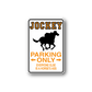 Vinyl jockey parking sign decal with black horse and orange text, arrow banner