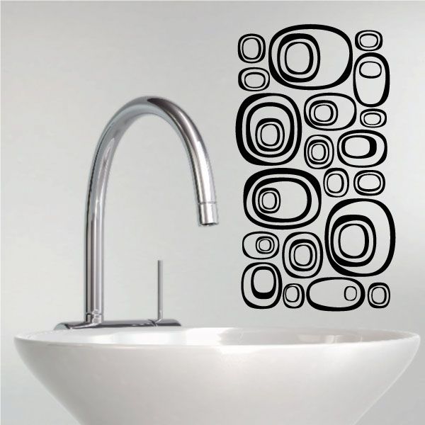 Futuristic pebbles wall decals set with black outlined oval and ring shapes