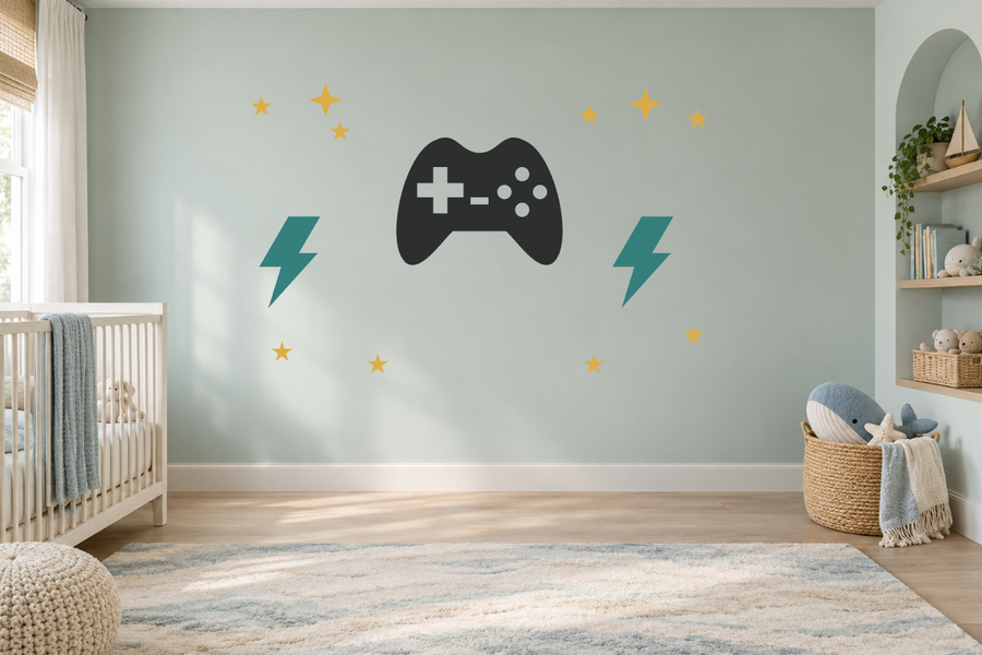 Game room wall decal kit with black controller, lightning bolts, and star sparkles