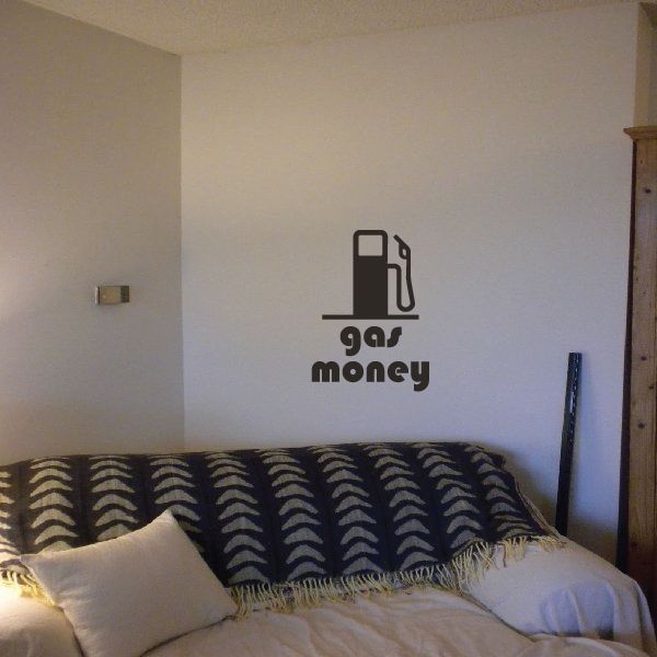 Gas money decal with gas pump icon and 'gas money' lettering, dark