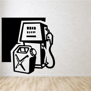 Gas pump wall decal with gas nozzle and jerry can, black and white vinyl design