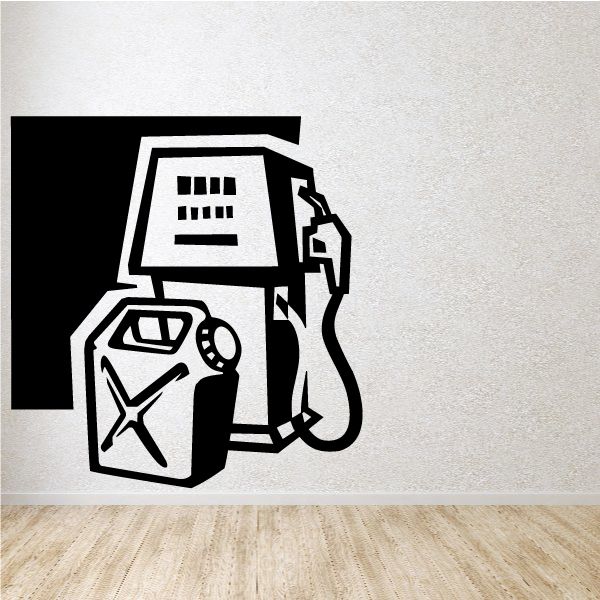 Gas pump wall decal with gas nozzle and jerry can, black and white vinyl design
