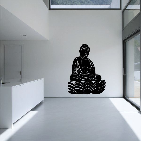 Buddha wall decal with seated figure holding hands in lotus pose, dark finish