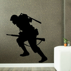 Running soldier wall decal silhouette, geared figure with rifle and backpack