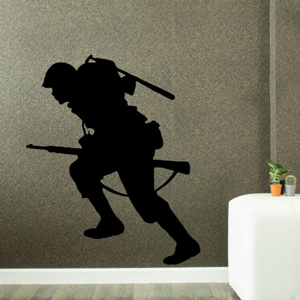 Running soldier wall decal silhouette, geared figure with rifle and backpack