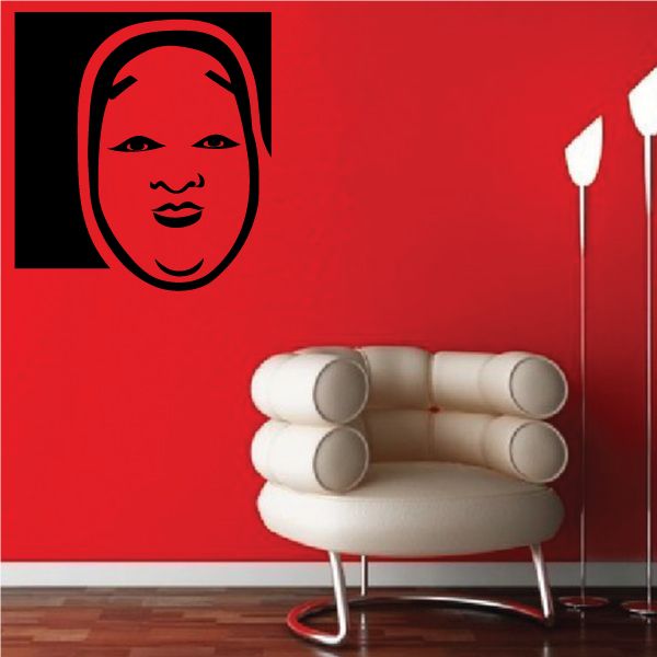Geisha mask face decal in red and black, stylized features.