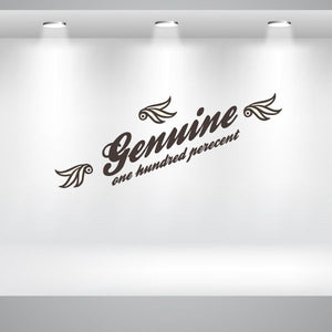 Vinyl wall decal with Genuine one hundred percent script and wing accents, dark.