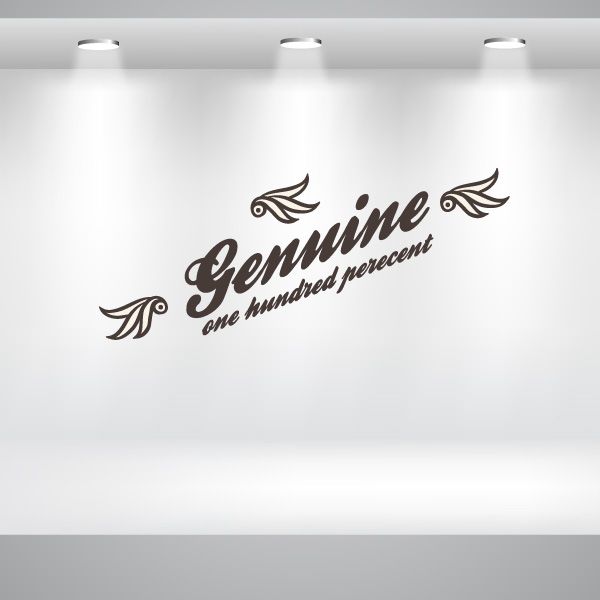 Vinyl wall decal with Genuine one hundred percent script and wing accents, dark.