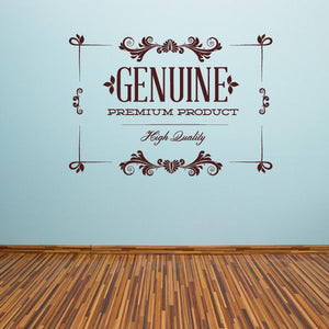 Burgundy wall decal with 'GENUINE PREMIUM PRODUCT' text and ornamental scrollwork