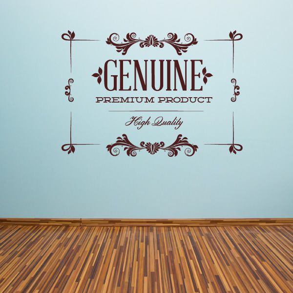 Burgundy wall decal with 'GENUINE PREMIUM PRODUCT' text and ornamental scrollwork