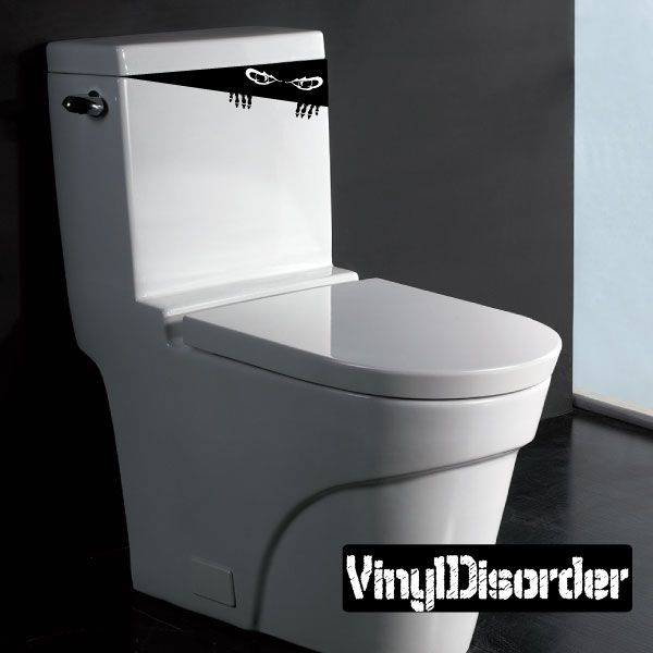 Toilet monster decal with ghostly face, black drip graphic on tank lid