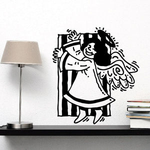 Flying angel wall decal in black and white, bold line art with wings spread