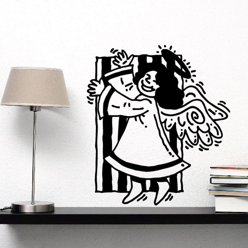 Flying angel wall decal in black and white, bold line art with wings spread