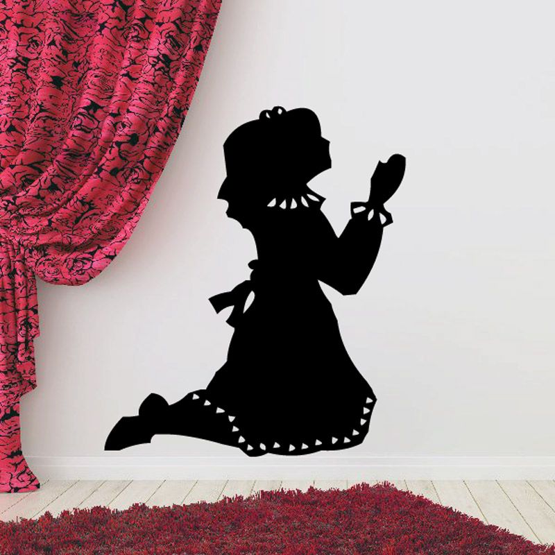 Praying girl church dress wall decal, black silhouette sitting with hands clasped