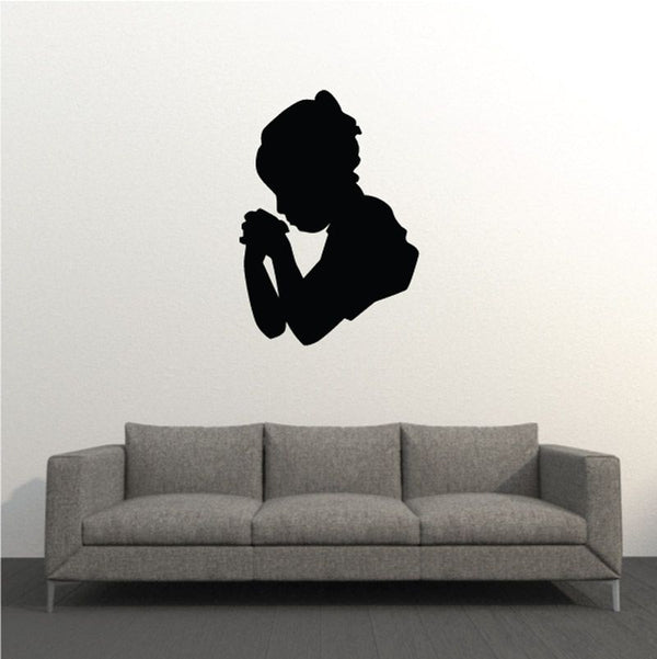 Praying girl vinyl decal, black silhouette with hands clasped