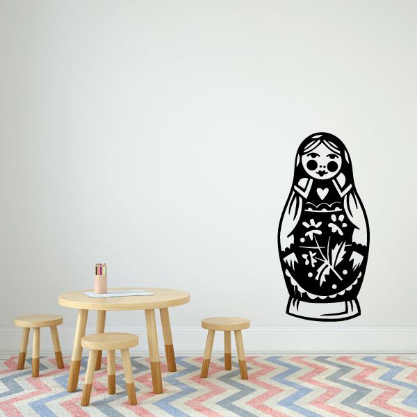 Russian doll wall decal, black outline nesting doll with heart details