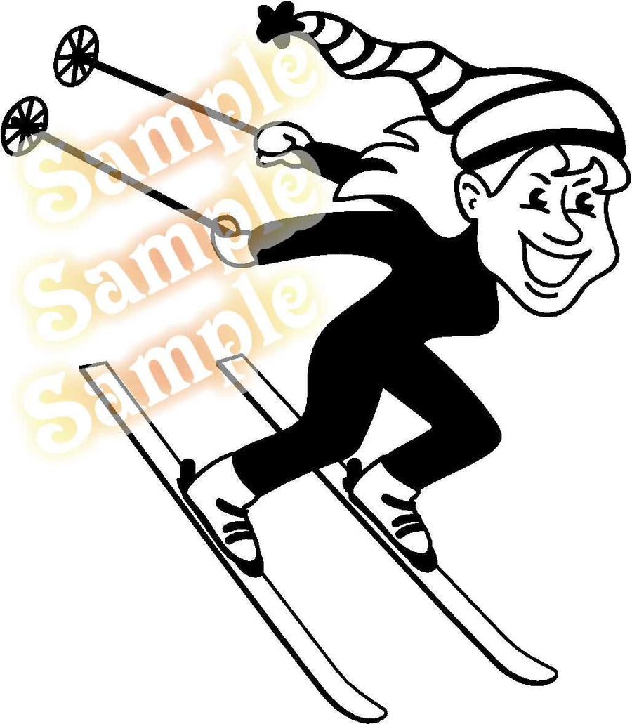 Girl skier wall decal, smiling black vinyl silhouette with skis and poles