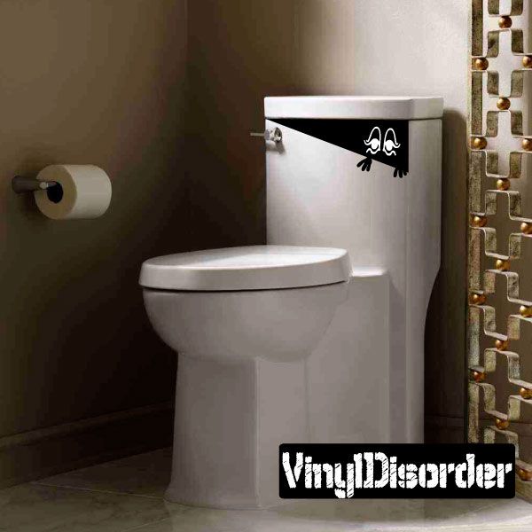 Toilet monster wall decal in black with whimsical face design on the toilet tank