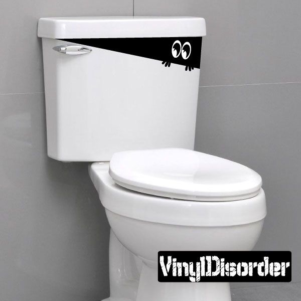 Toilet monster decal for tank, black and white with cartoon eyes above lid
