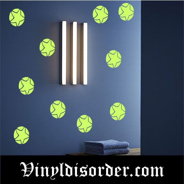 Glow-in-the-dark circular star decals, lime green starburst dots