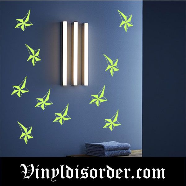 Glow-in-the-dark star wall decal set with green five-point stars