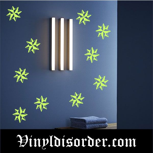 Glow-in-dark star bow wall decal set, neon green five-point stars