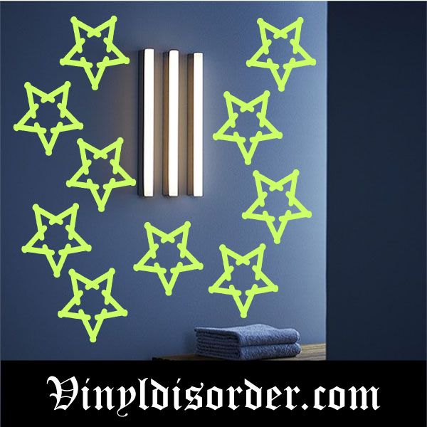 Glow-in-the-dark star decal set with multiple outline stars, lime green.
